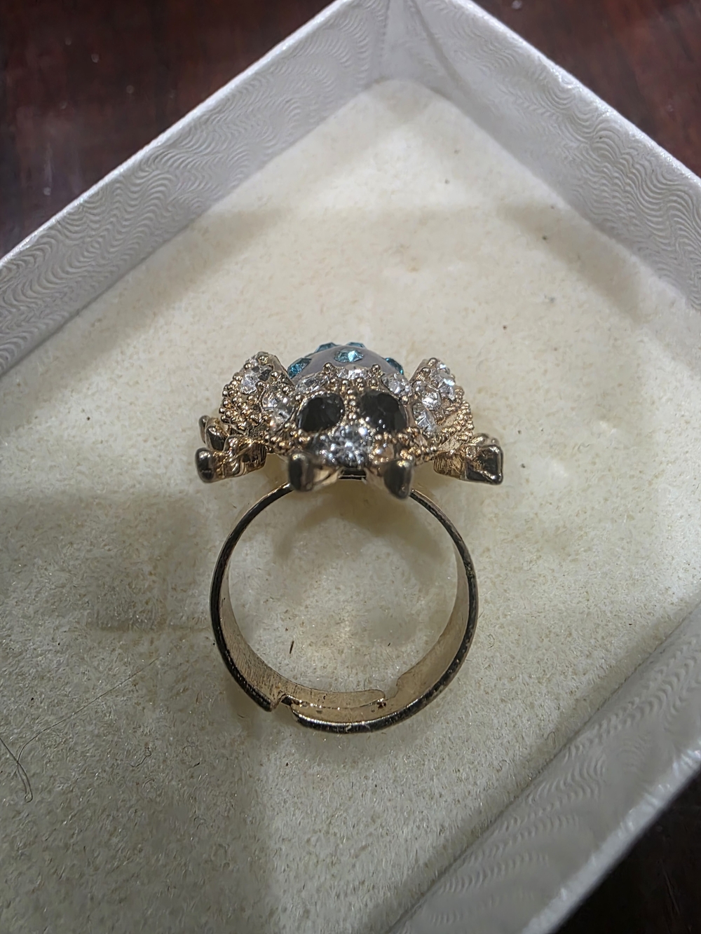 Gold Spider Cocktail Ring with Blue Crystal Accents